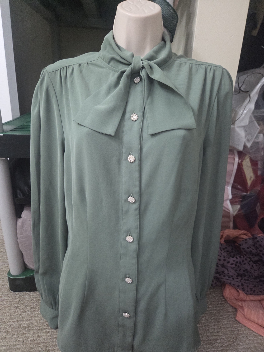 Hell Bunny Tie-Neck Long Sleeve Blouse - Sage Green With Pearl Buttons. Size M
